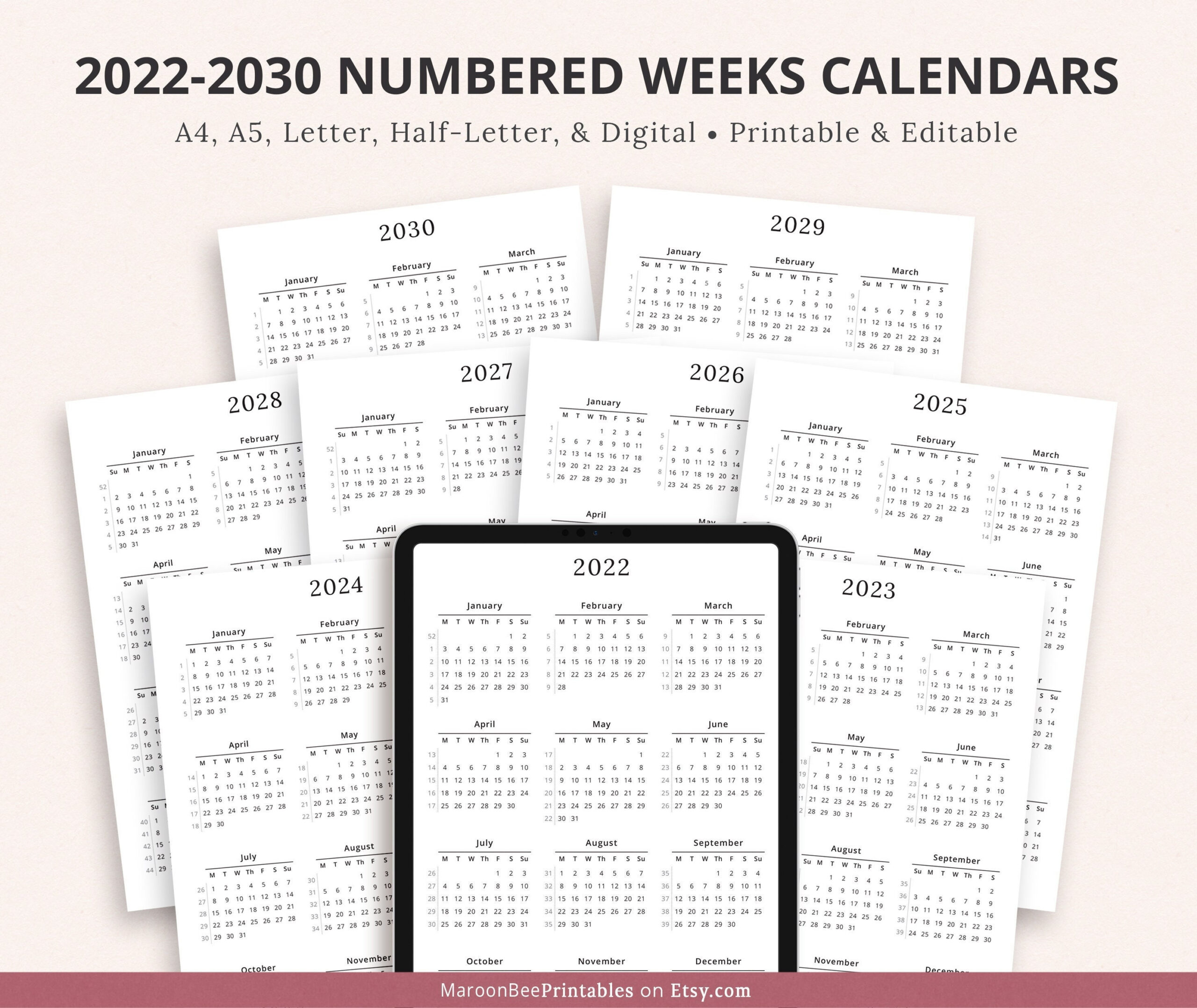 2022-2030 Nummerierte Wochen Jahreskalender, Druckbarer Kalender pertaining to W 4P 2025 Printable