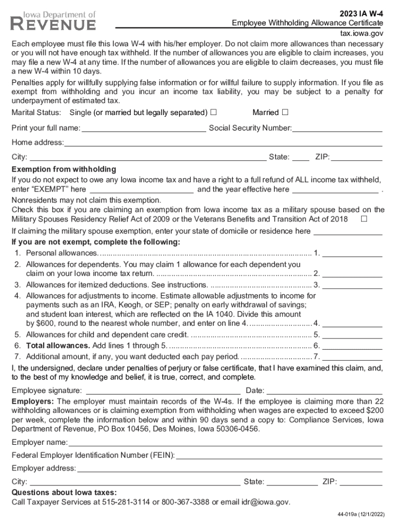 2023 Ia W-4 Employee Withholding Allowance Certificate Tax Iowa in Pa W4 Form 2025