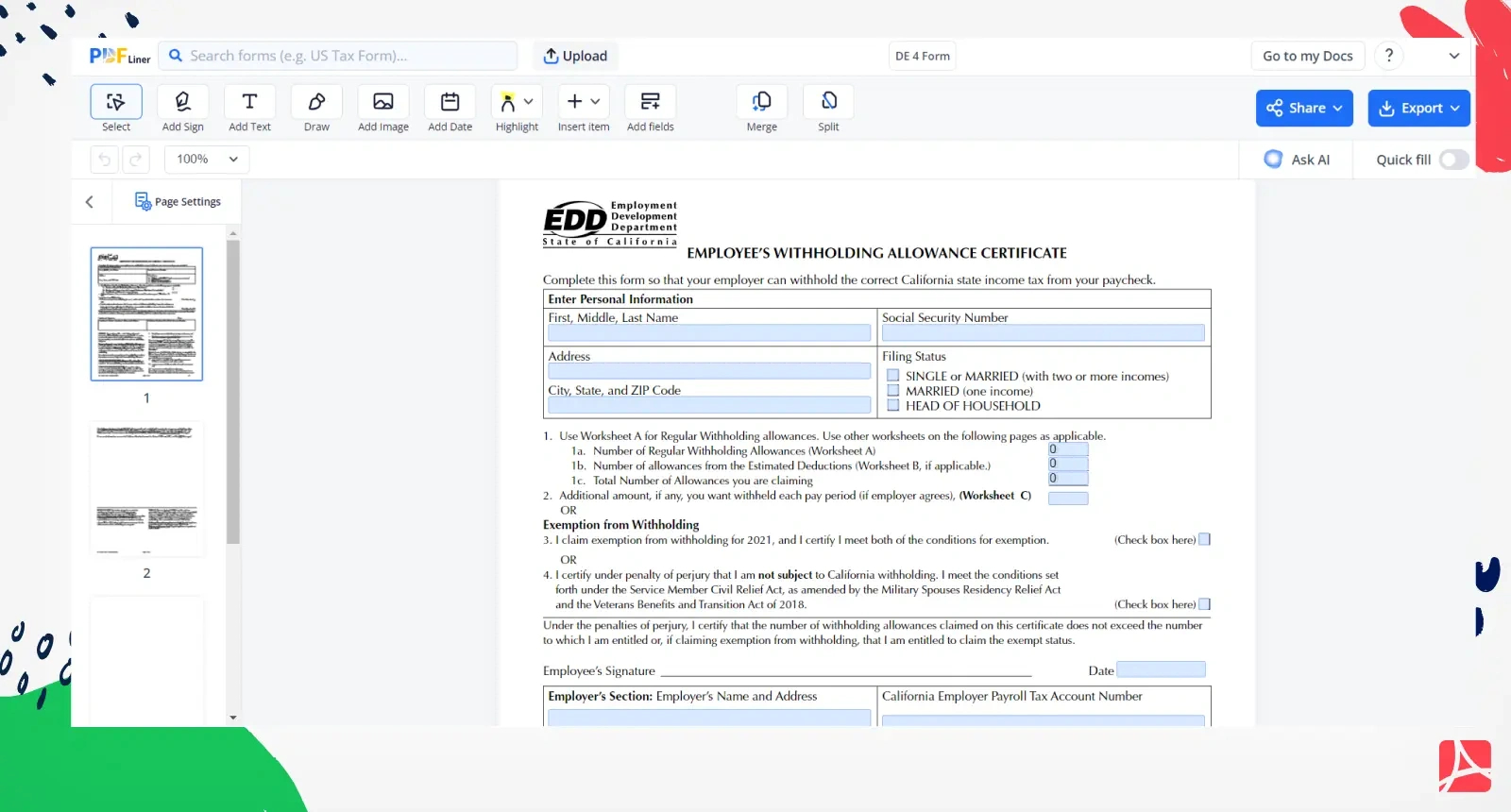 De 4 Form, Print And Sign Form Online - Pdfliner inside W4 Form California 2025