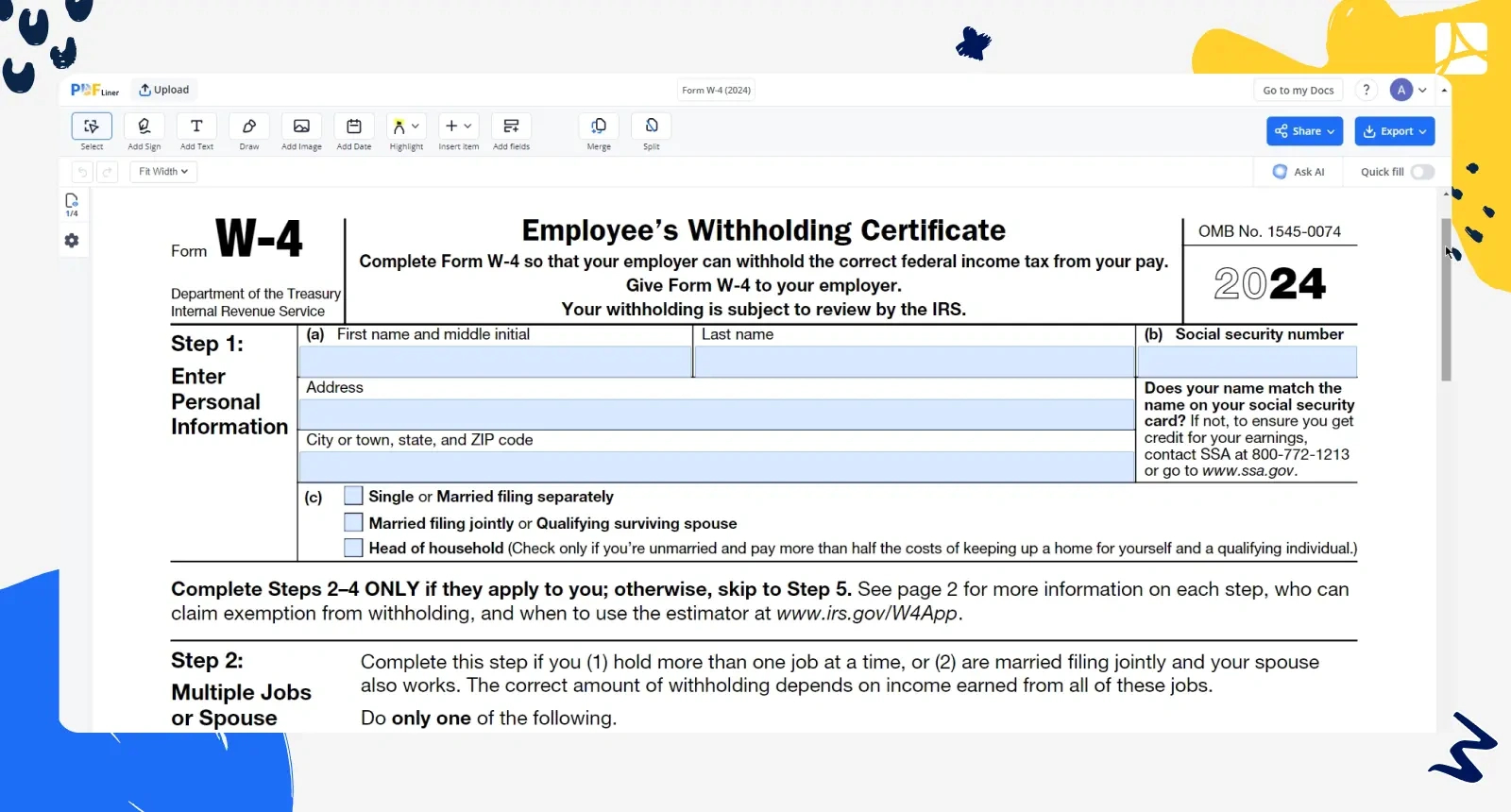 Fill Form W-4 2024 Online : Simplify Tax Withholding | Pdfliner in 2025 W4 Withholding Form