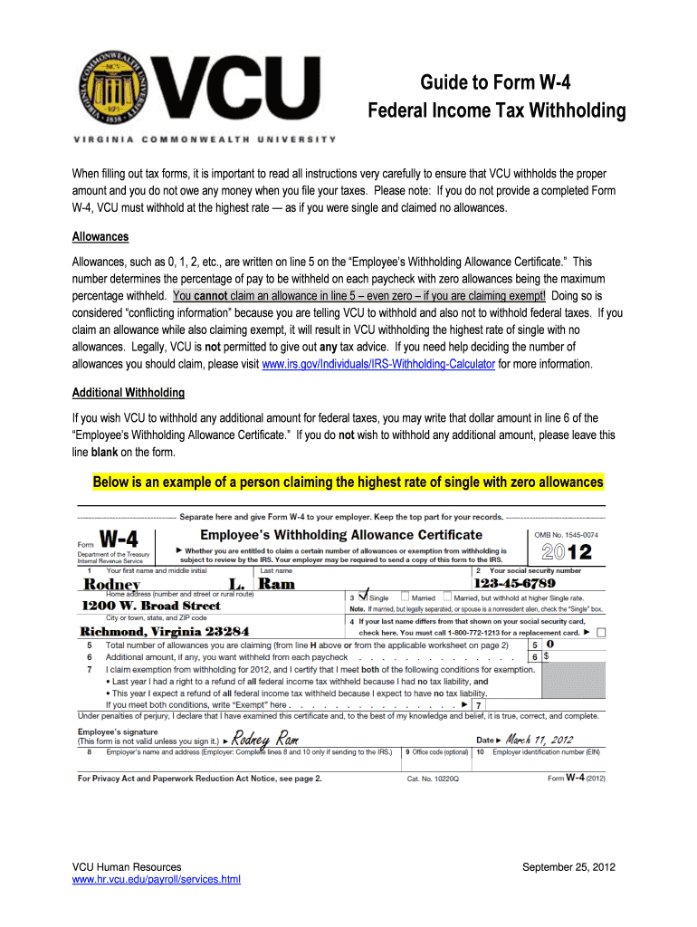 Fillable Online Hr Vcu Guide To Form W-4 Federal Income Tax in VA W4 2025 Form