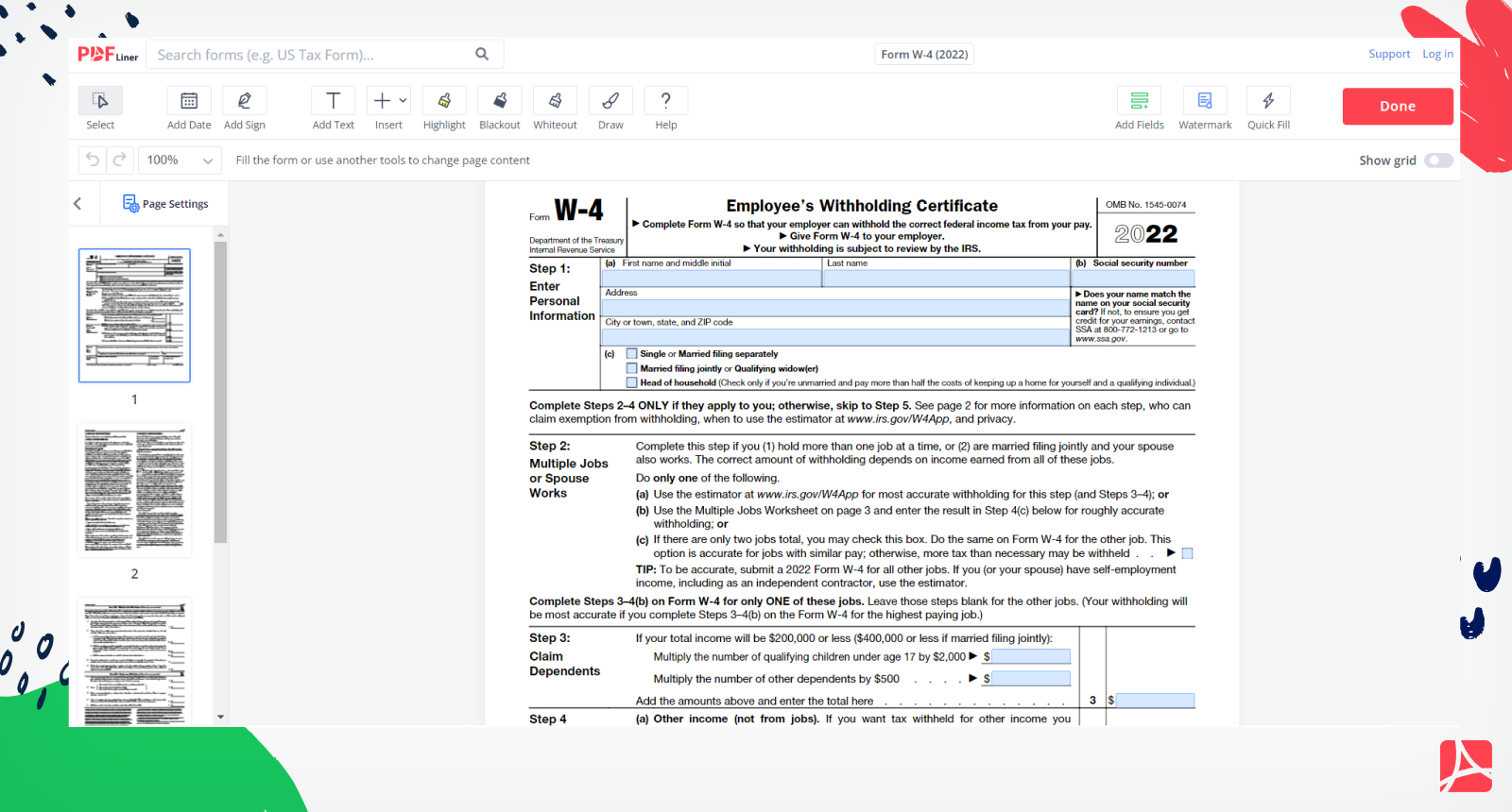 Form W-4 (2022): Print And Sign W-4 Form Online — Pdfliner for W4 Form 2025 Printable Form