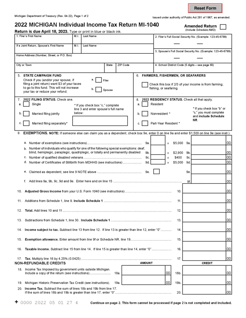 Free 2022 Michigan Individual Income Tax Return Mi-1040 for Mi W4 2025 Form