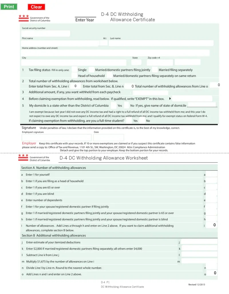 Free Dc D-4 Withholding Allowance Certificate | Printfriendly in South Carolina W4 Form 2025