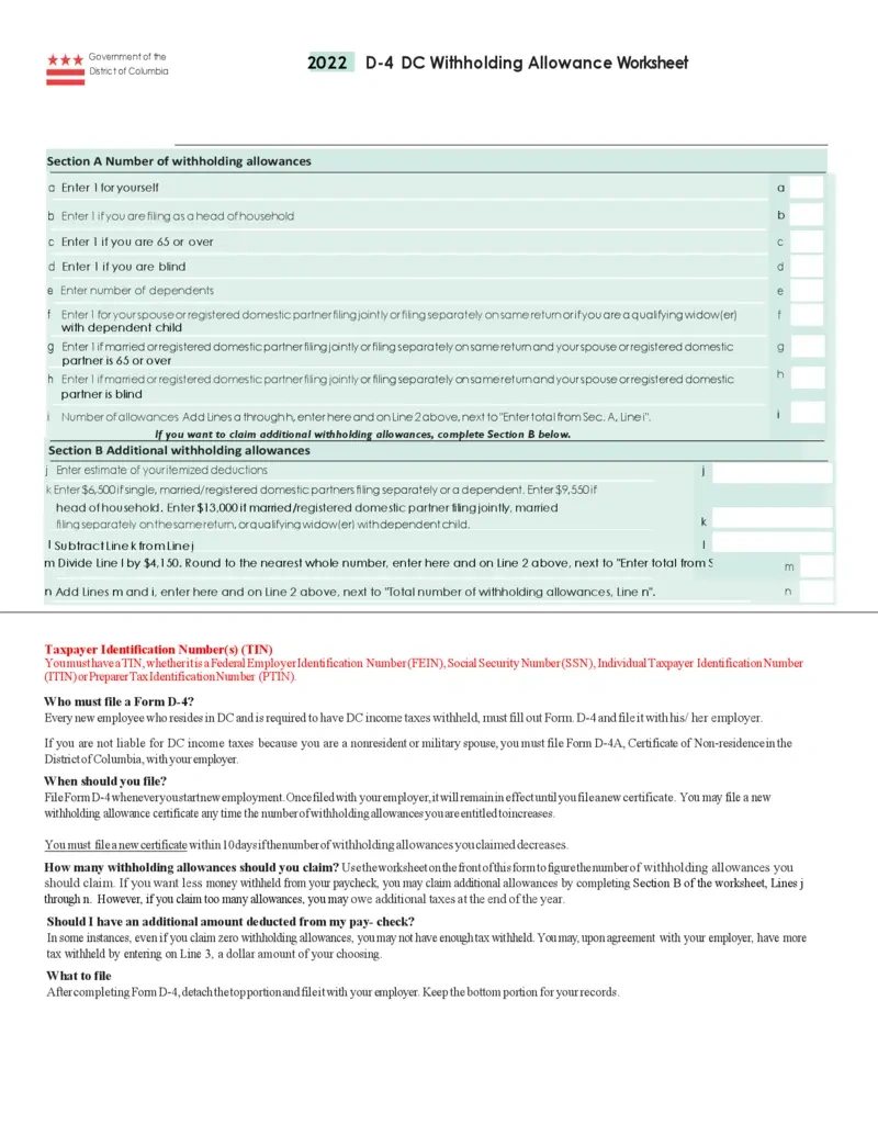 Free Dc D-4 Withholding Allowance Worksheet Instructions in Georgia W4 Form 2025