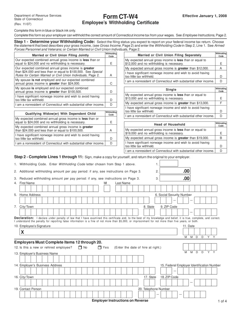 Free Employee&amp;#039;S Withholding Certificate For Connecticut for Form Ct W4 2025