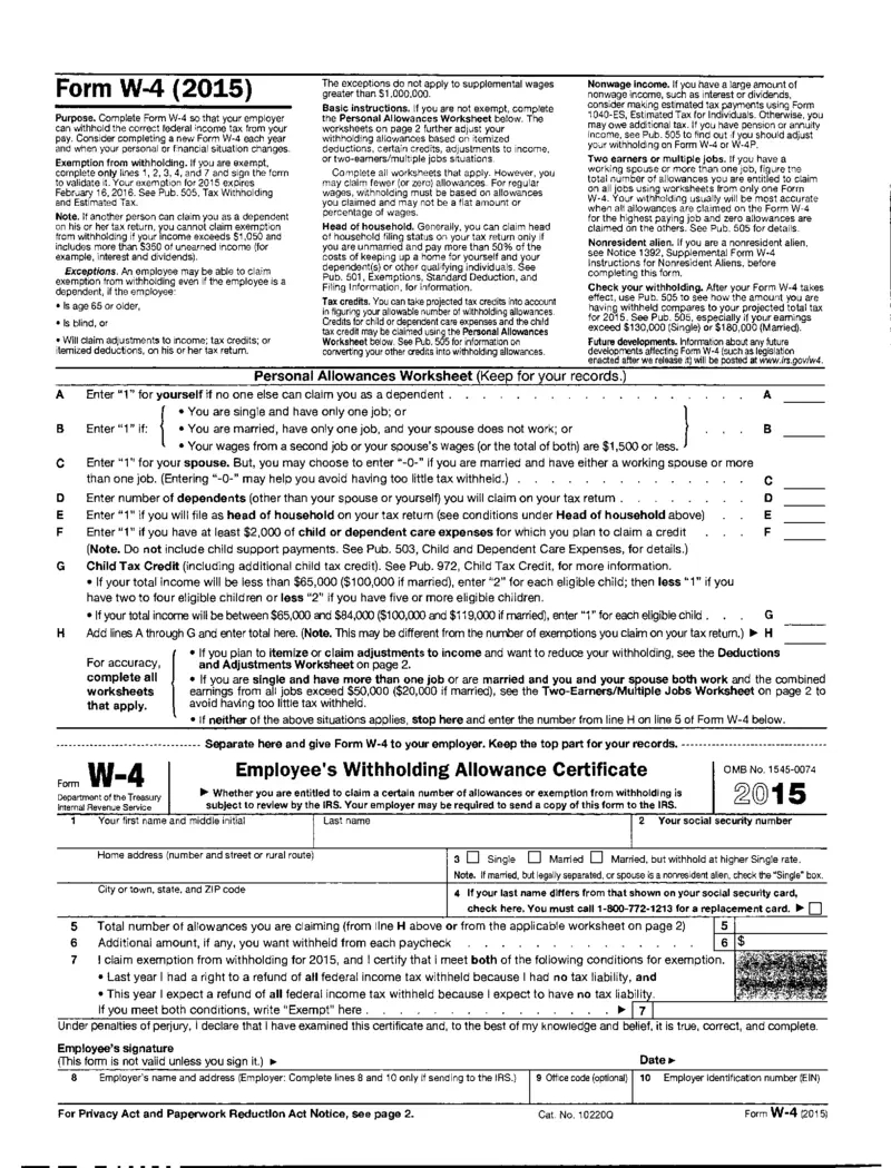 Free Form W-4 2015 Instructions For Federal Tax Withholding in Printable 2025 W4 Form