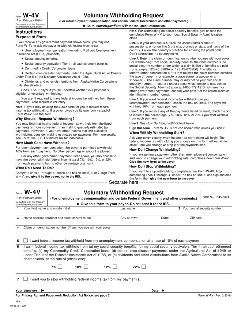 Free Form W-4V Voluntary Withholding Request For Payments with regard to W4 Form 2025 Pdf Spanish