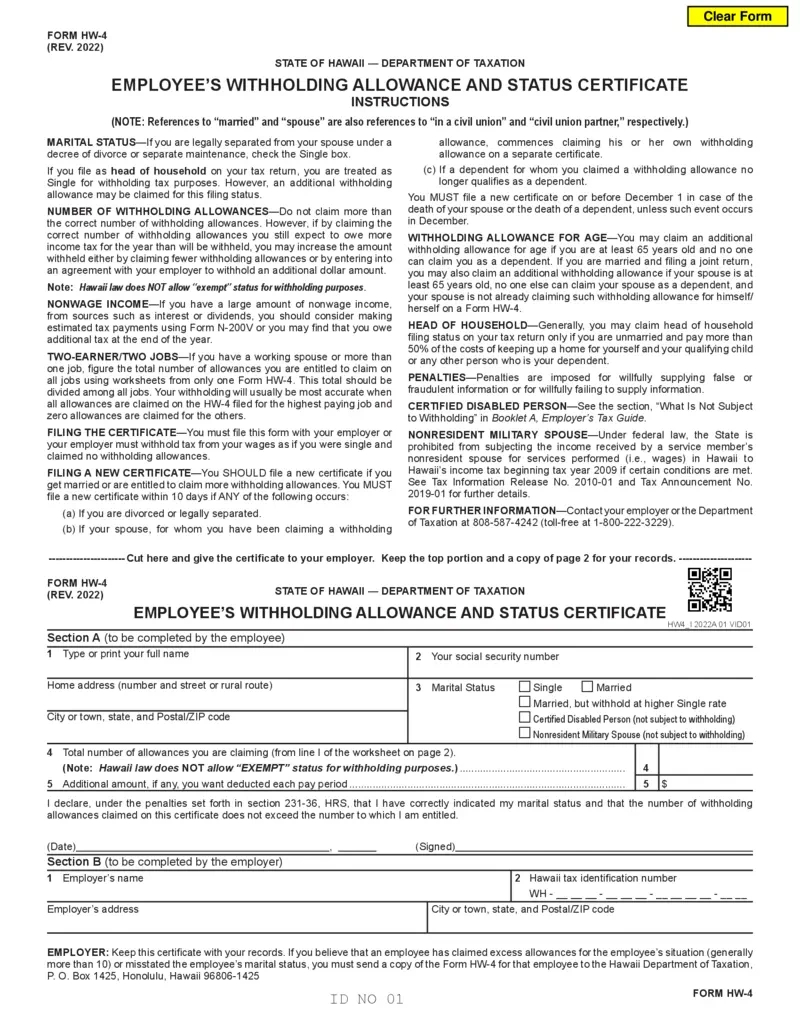 Free Hawaii Employee'S Withholding Allowance Form Hw-4 | Printfriendly with Hawaii W4 Form 2025