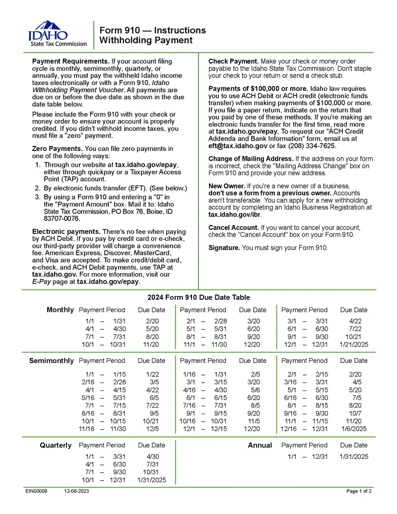 Free Idaho State Tax Commission Form 910 Instructions | Printfriendly in Idaho W4 Form 2025