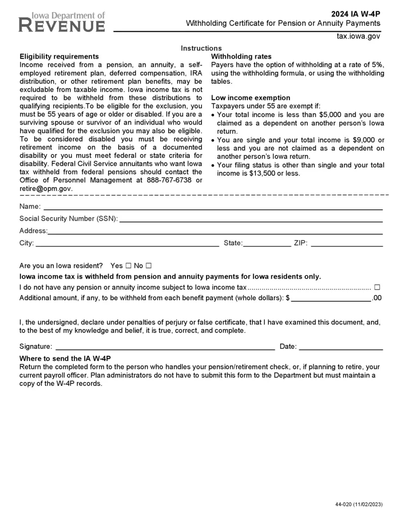 Free Iowa Department Of Revenue 2024 Ia W-4P Form | Printfriendly throughout W-4P Form 2025