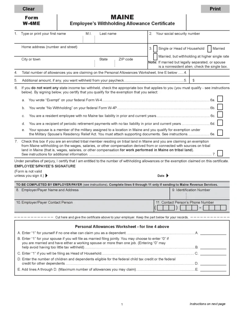 Free Maine Employee Withholding Allowance Certificate W-4Me intended for Maine W4 2025 Form