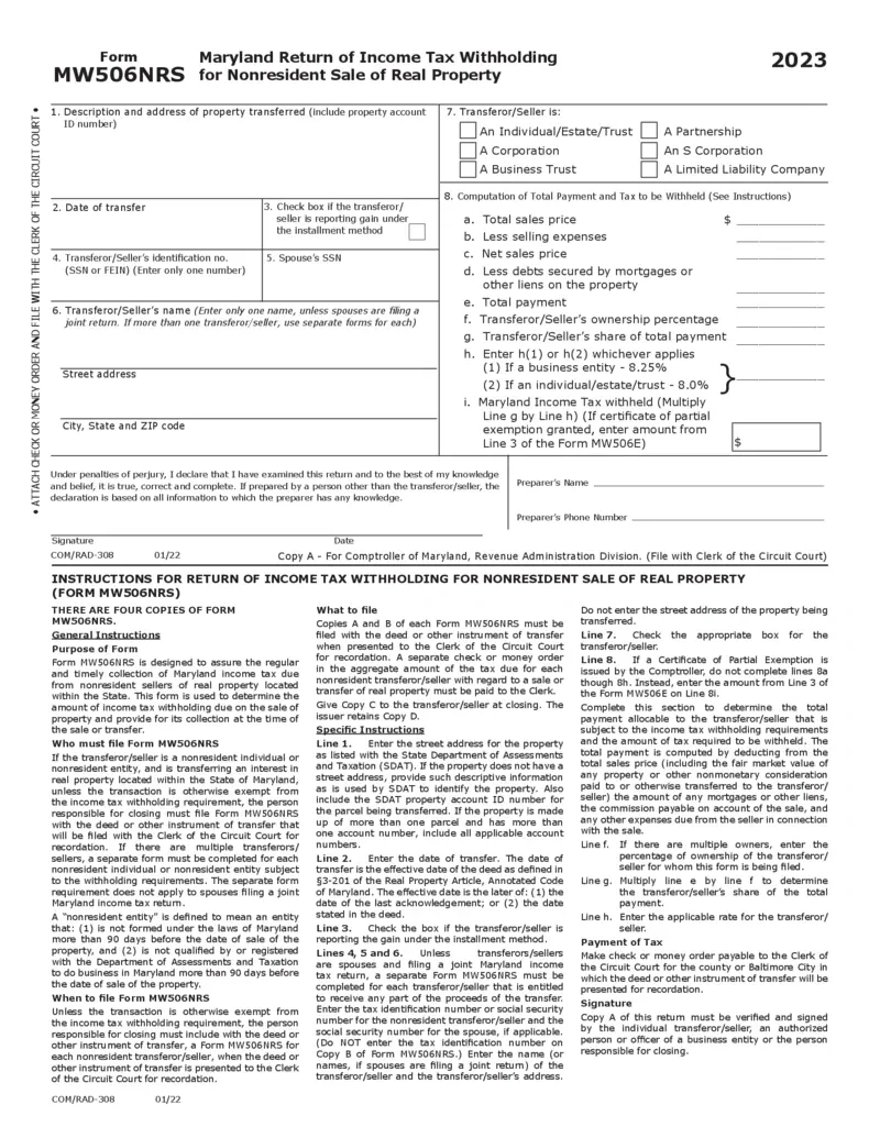 Free Maryland Income Tax Withholding Form Mw506Nrs | Printfriendly inside Maryland W4 Form 2025