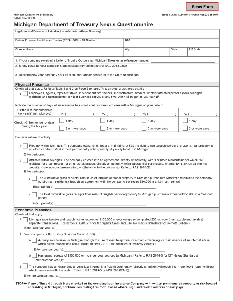 Free Michigan Department Of Treasury Nexus Questionnaire in Mi W4 Form 2025