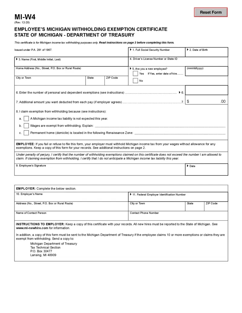 Free Michigan Withholding Exemption Certificate Form Mi-W4 intended for MI W4 Form 2025