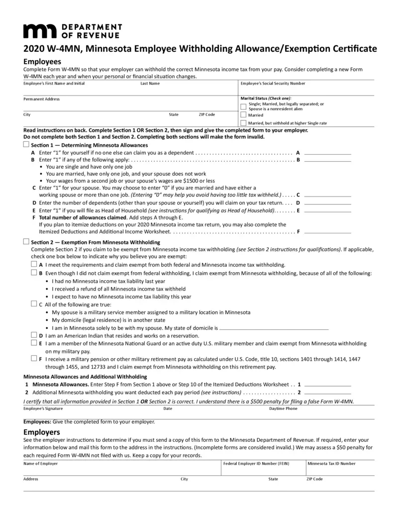 Free Minnesota 2020 W-4Mn Employee Withholding Certificate intended for 2025 Mo W4 Form