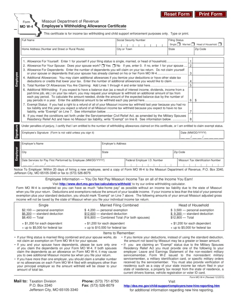 Free Missouri Department Of Revenue Employee Withholding Form for 2025 MO W4 Form