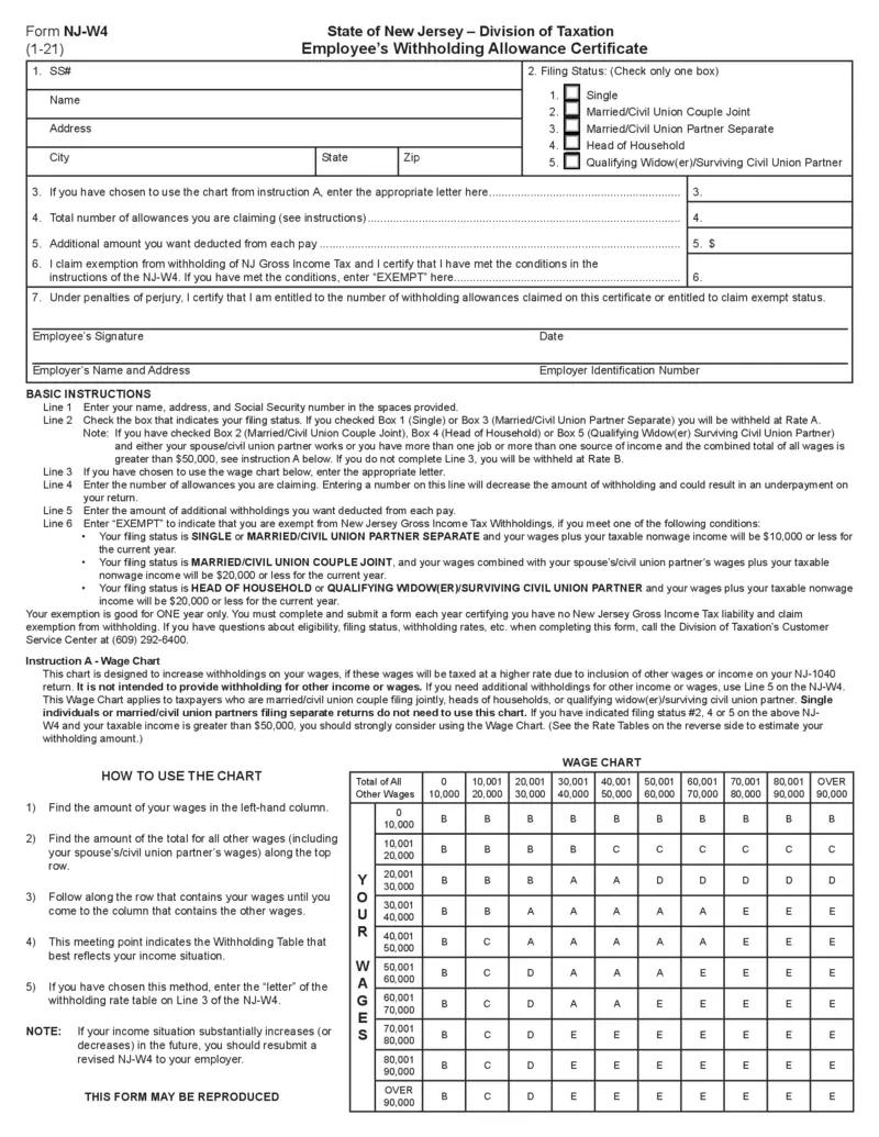 Free New Jersey Employee Withholding Allowance Certificate regarding 2025 NJ W4 Form