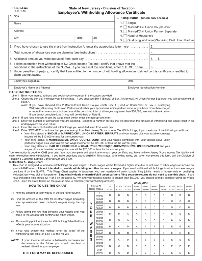 Free New Jersey Employee&amp;#039;S Withholding Allowance Certificate for Nj W4 Form 2025