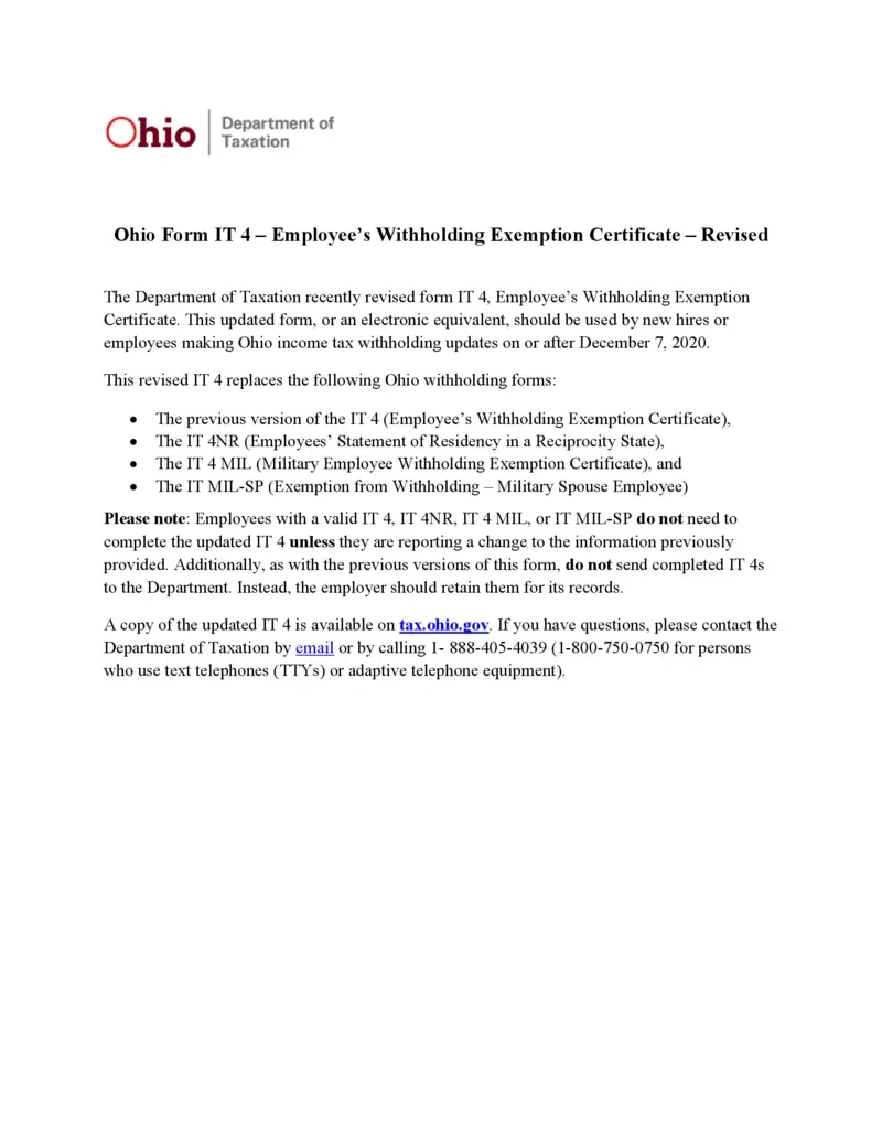 Free Ohio Form It 4 Employee Withholding Exemption Certificate within Ohio W4 Form 2025