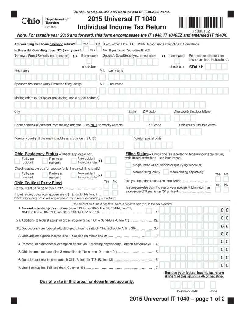 Free Ohio Individual Income Tax Return Form 2015 | Printfriendly inside Ohio W4 Form 2025