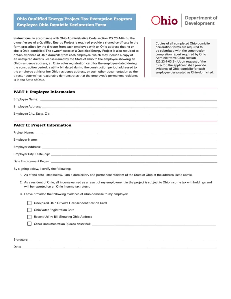 Free Ohio Qualified Energy Project Employee Domicile Form for Ohio W4 Form 2025