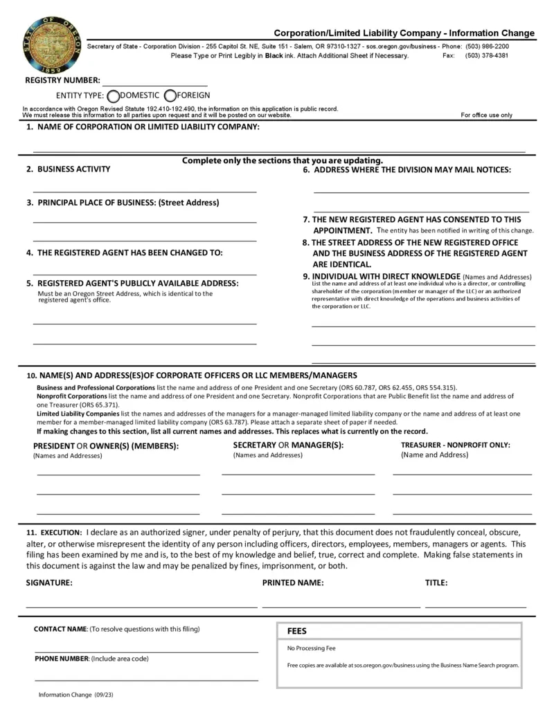 Free Oregon Corporation Limited Liability Company Changes for Oregon W4 2025 Form