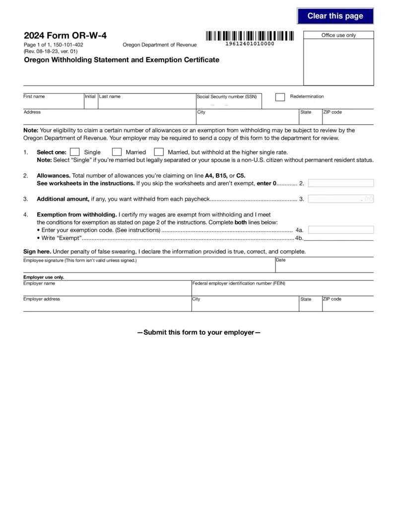 Free Oregon Form Or-W-4 Withholding Exemption Certificate intended for 2025 Oregon W4 Form