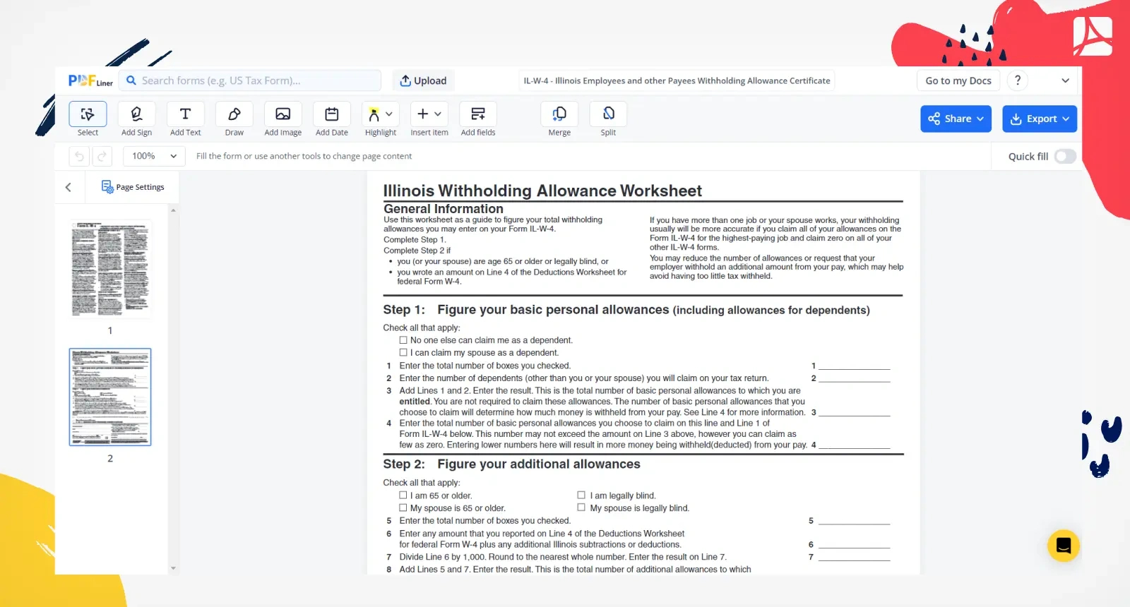 Il-W-4, Illinois Employees Withholding Allowance Certificate— Pdfliner pertaining to Illinois W4 2025 Form