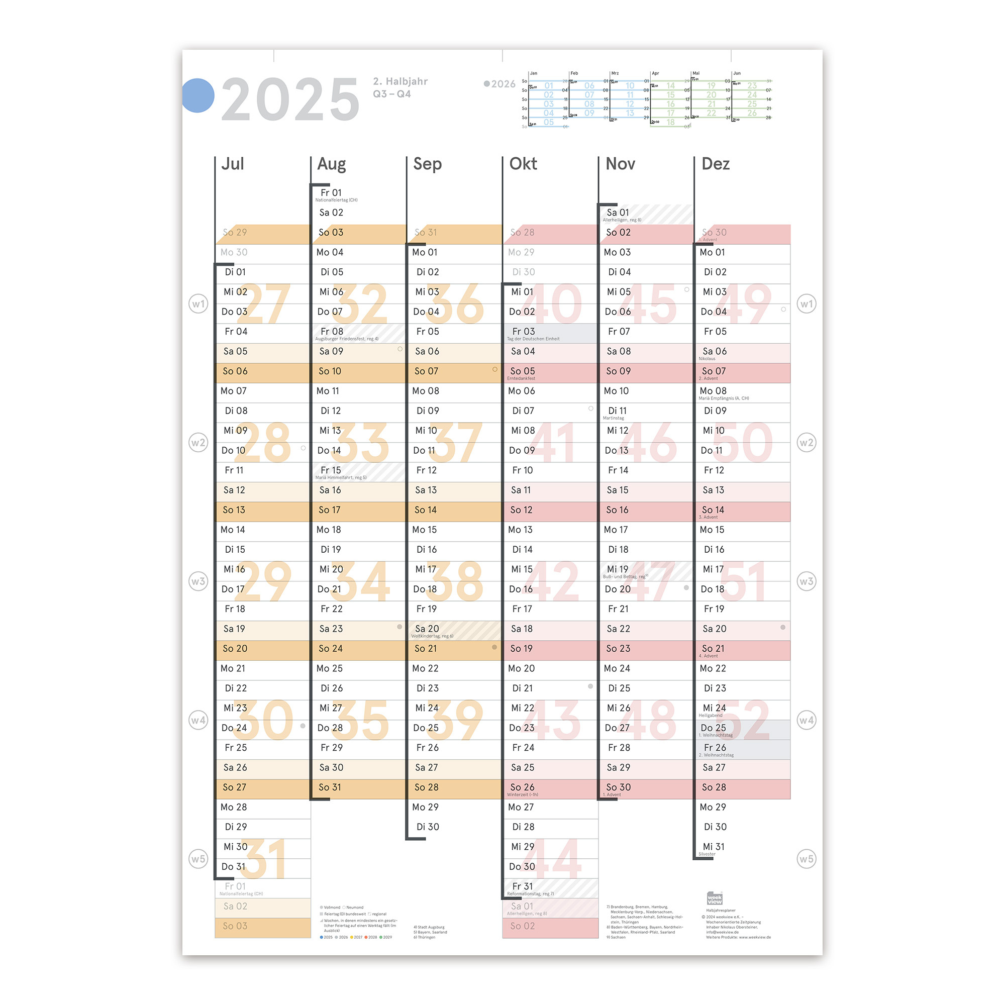 Wandplaner 2025, Din A1 (2X A2H Halbjahresplaner) inside W4 2025 PDF